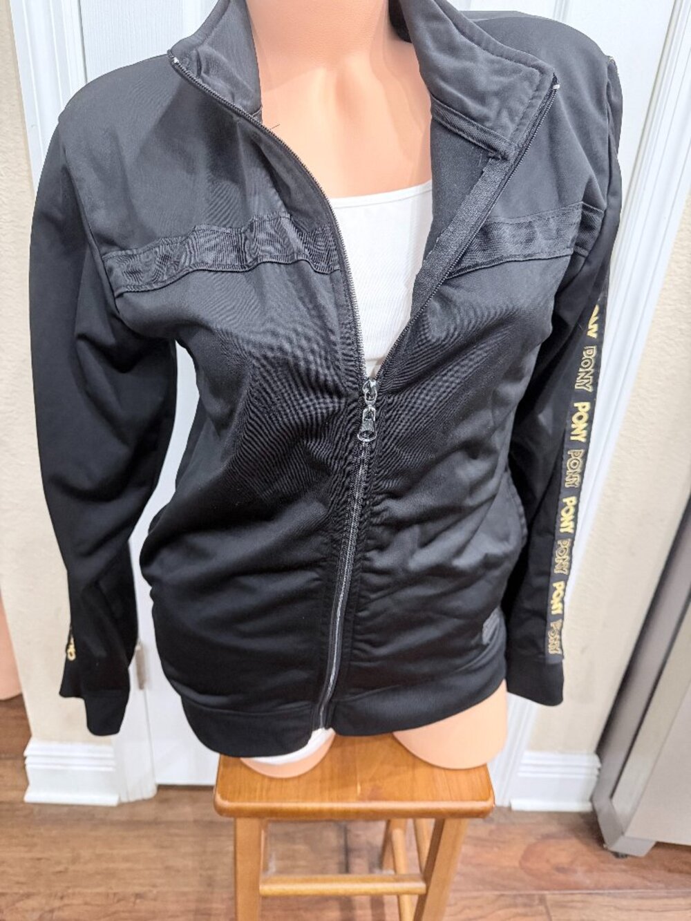 PONY Retro Black Track Jacket Gold Logo Tape Sleeves Y2K Vintage Style XL